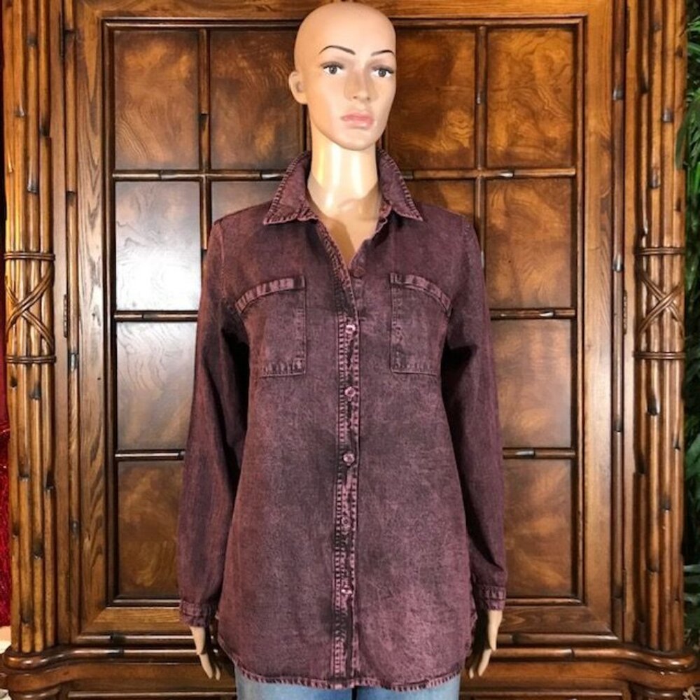 Joan Rivers Pink Black Stone Wash Button Down 100% Cotton Denim Shirt